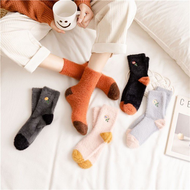 cozy fluffy fuzzy plush custom thick embroidery socks