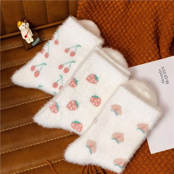 Coral Fleece Thick Womens Cute Fruit Fuzzy Socks in stock
